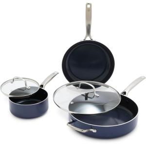 Blue Diamond 14 Piece Pots and Pans Set, 5QT Jumbo Cooker, 11″ Griddle, Mini Egg Pan, Diamond Infused Healthy Ceramic Nonstick, PFAS & PFOA-Free, Professional-Grade, Durable, Heat-Resistant, Blue(Blue)
