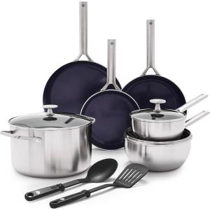 Blue Diamond 15 Piece Stainless Steel Tri-Ply Cookware Pots and Pans Set, Induction Compatible, Diamond Infused PFAS-Free Ceramic Nonstick, Dishwasher & Metal Utensil Safe, Scratch Resistant, Silver(11 Piece Cookware Pots and Pans Set)