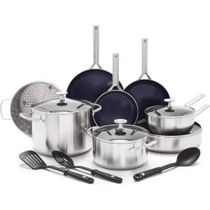 Blue Diamond 15 Piece Stainless Steel Tri-Ply Cookware Pots and Pans Set, Induction Compatible, Diamond Infused PFAS-Free Ceramic Nonstick, Dishwasher & Metal Utensil Safe, Scratch Resistant, Silver(15 Piece Cookware Pots and Pans Set)