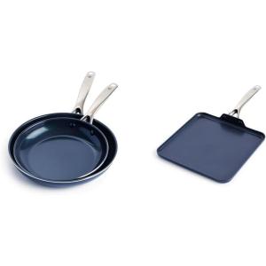 Blue Diamond Cookware Diamond Infused Ceramic Nonstick 9.5″ and 11″ Frying Pan Skillet Set, PFAS-Free, Dishwasher Safe, Oven Safe, Blue & Cookware Diamond Infused Ceramic Nonstick, 11″ Griddle Pan(Blue)