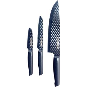Blue Diamond Sharp Stone Nonstick Stainless Steel Cutlery, 3 Piece Set including Chef Serrated and Pairing Knives with Covers, Diamond Texture Blade, Dishwasher Safe, Blue(3 Piece Set (8″  5″  3.5″))
