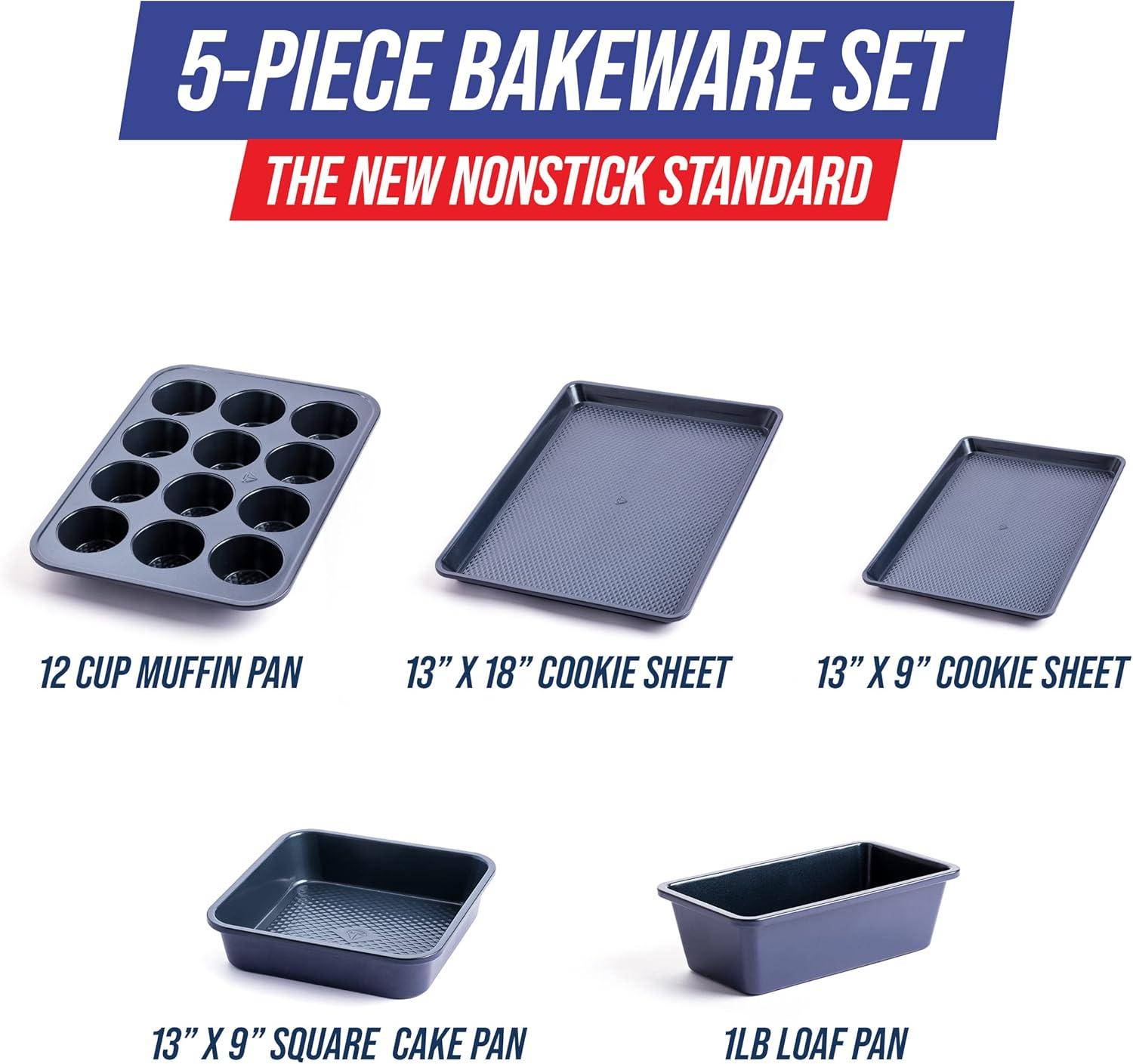 image:imageBlue Diamond Bakeware Diamond Infused Ceramic Nonstick 9 Round Cake Baking Pan Dishwasher and Freezer Safe PFASFree Blue5 Piece Baking Set