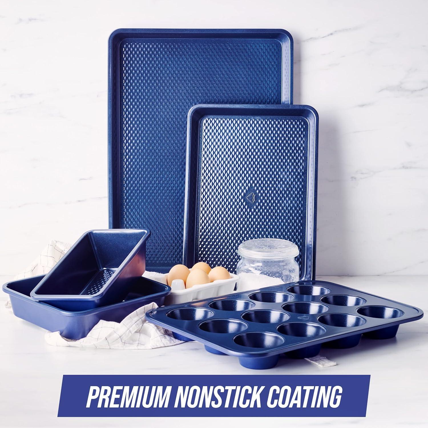 image:imageBlue Diamond Bakeware Diamond Infused Ceramic Nonstick 9 Round Cake Baking Pan Dishwasher and Freezer Safe PFASFree Blue5 Piece Baking Set