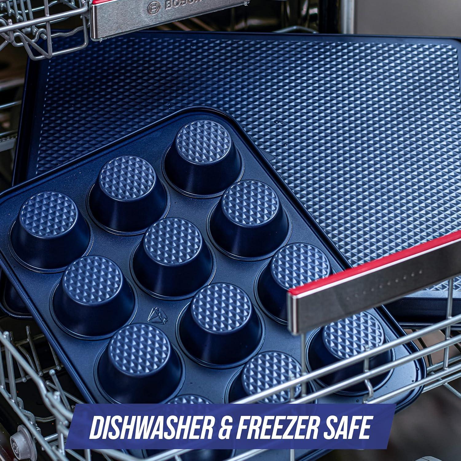 image:imageBlue Diamond Bakeware Diamond Infused Ceramic Nonstick 9 Round Cake Baking Pan Dishwasher and Freezer Safe PFASFree Blue5 Piece Baking Set