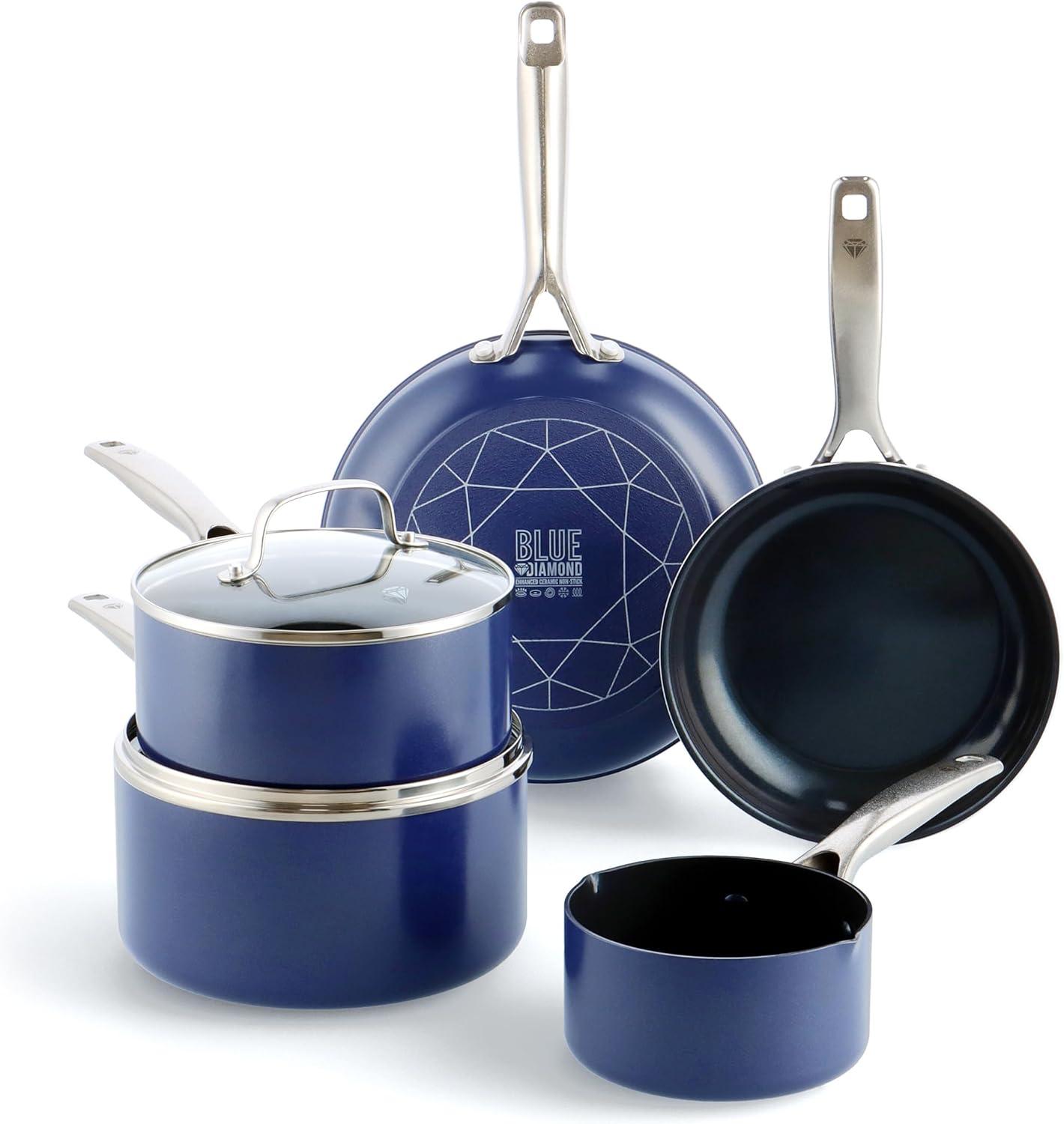 image:imageBlue Diamond Cookware Diamond Infused Ceramic Nonstick 7 Piece Cookware Pots and Pans Set PFASFree Dishwasher Safe Oven SafeBlue