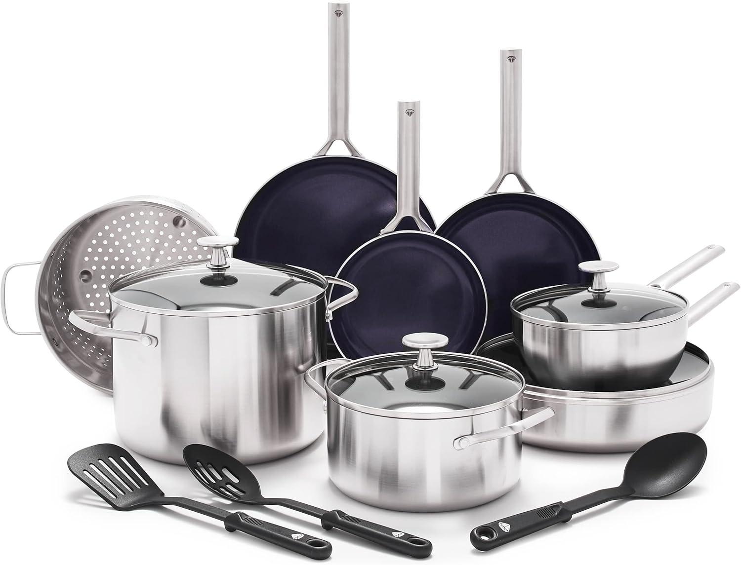 image:imageBlue Diamond Cookware TriPly Stainless Steel Ceramic Nonstick 15 Piece Cookware Pots and Pans Set Silver amp Cookware Diamond Infused Ceramic Nonstick 11 Griddle Pan Blue