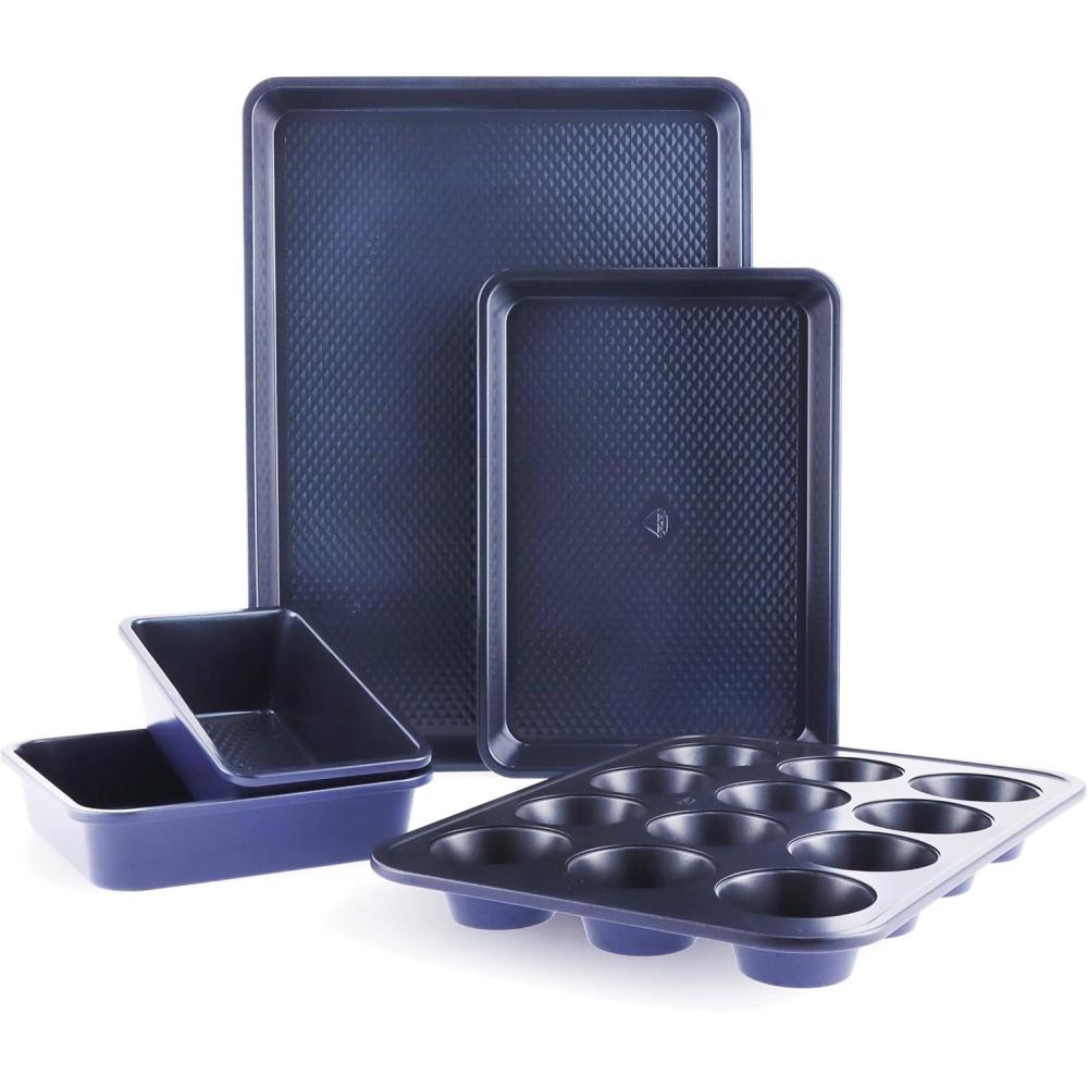 image:imageBlue Diamond Bakeware Diamond Infused Ceramic Nonstick 9 Round Cake Baking Pan Dishwasher and Freezer Safe PFASFree Blue5 Piece Baking Set