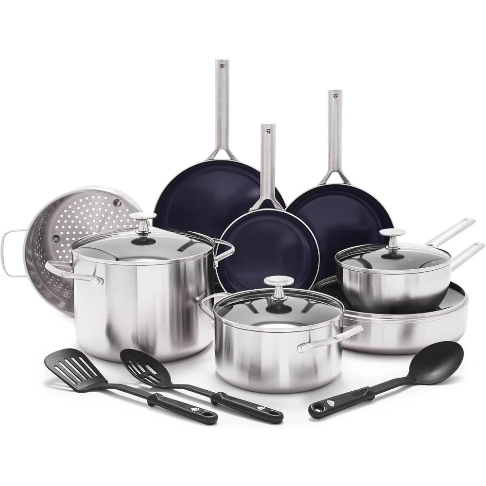 image:imageBlue Diamond Triple Steel Ceramic Nonstick Cookware Set 15 Pieces Silver15 Piece Set
