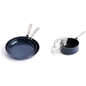 Blue Diamond Cookware Diamond Infused Ceramic Nonstick 9.5″ and 11″ Frying Pan Skillet Set, Blue & Cookware Diamond Infused Ceramic Nonstick, 2QT Saucepan Pot, Blue