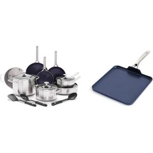 Blue Diamond Cookware Tri-Ply Stainless Steel Ceramic Nonstick, 15 Piece Cookware Pots and Pans Set, Silver & Cookware Diamond Infused Ceramic Nonstick, 11′ Griddle Pan, Blue
