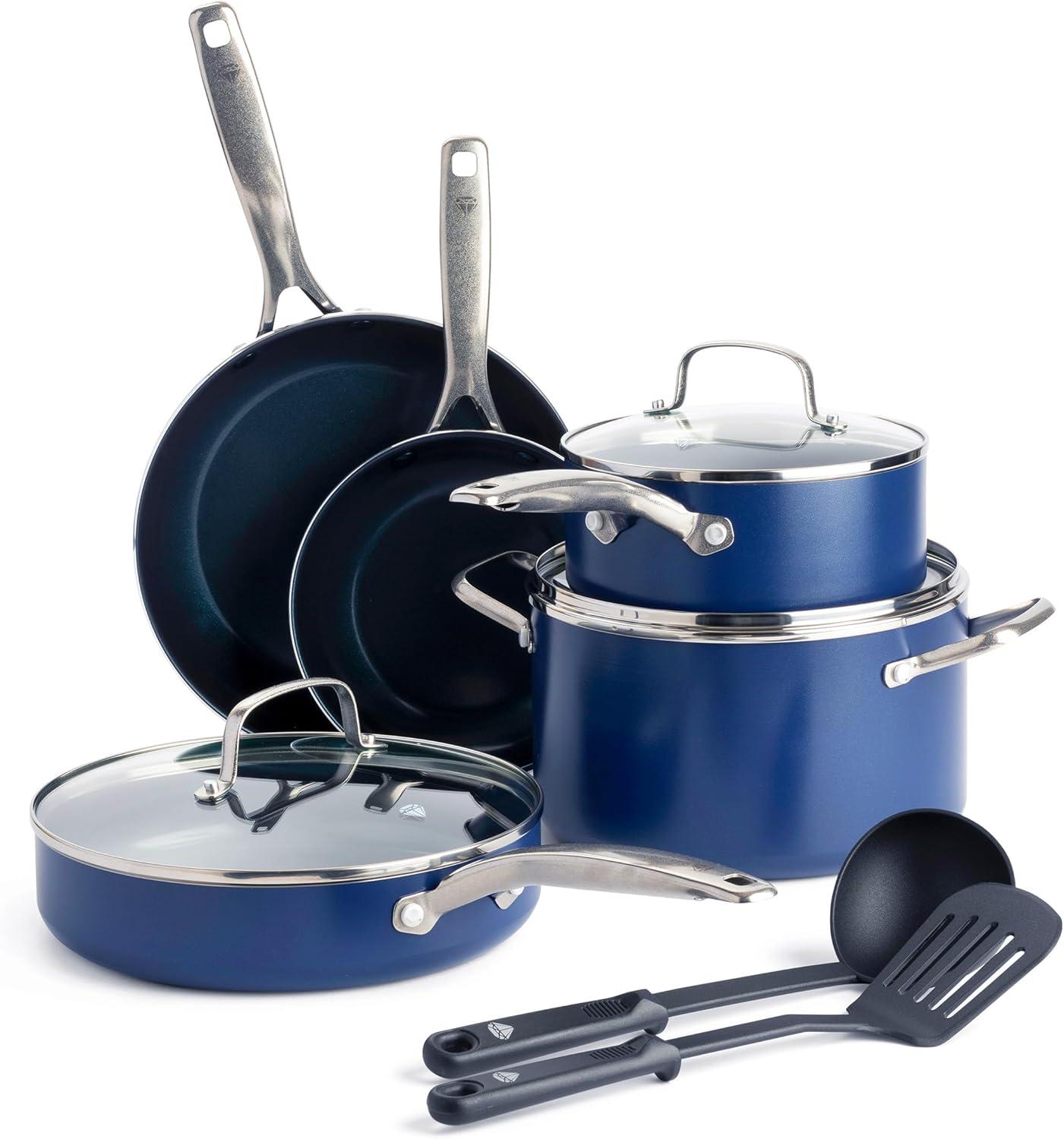 image:imageBlue Diamond 10 Piece Diamond Infused Ceramic Nonstick Cookware Set and 14 Piece Stainless Steel Cutlery Knife Block Set