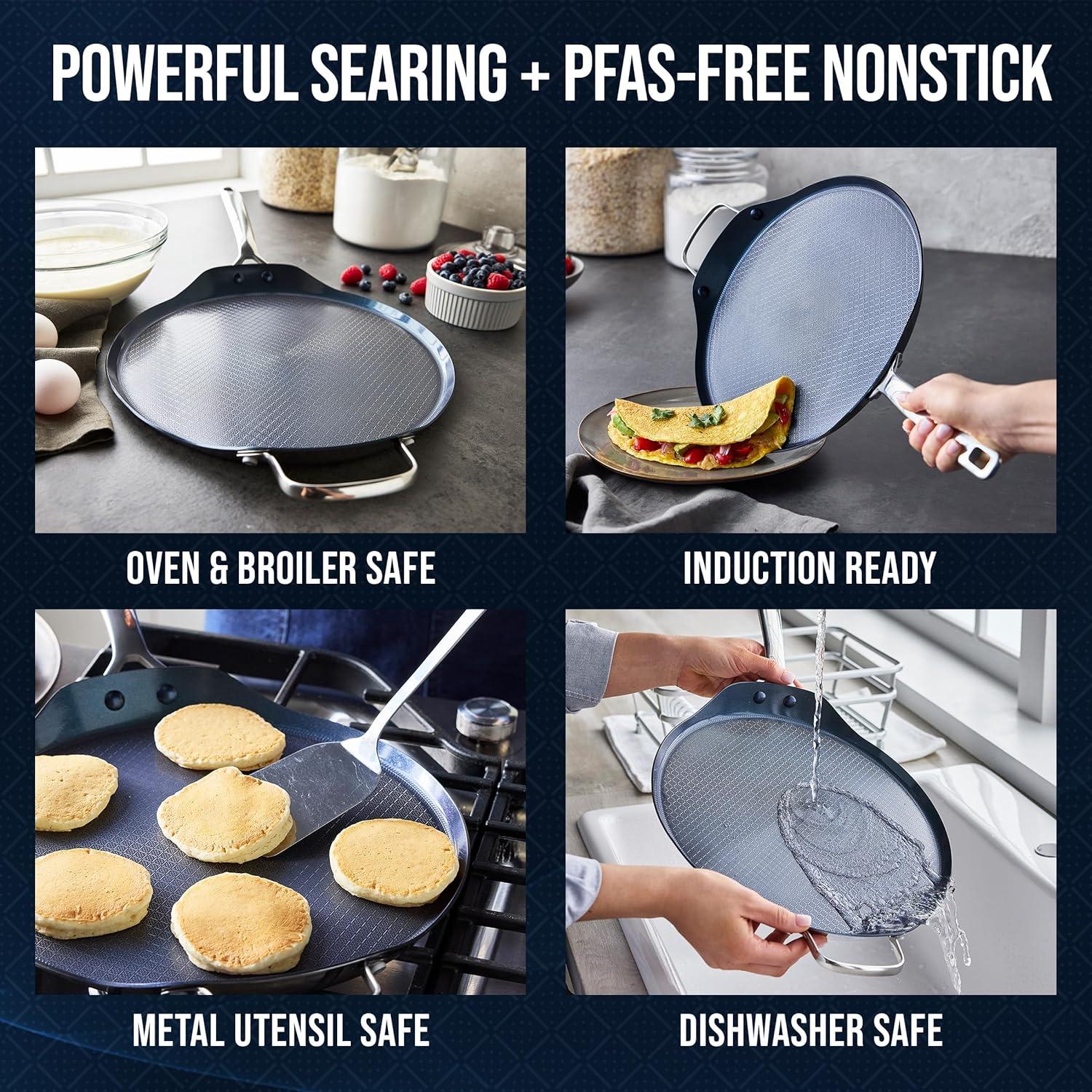 image:imageBlue Diamond Hybrid Nonstick Stainless Steel 12 Griddle Pan XL Skillet PFASFree Ceramic Diamond Bond Searing Pancakes amp Omelets Dishwasher Safe StayCool Handle Induction Ready All CooktopsBlue