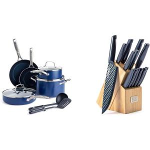 Blue Diamond 10 Piece Diamond Infused Ceramic Nonstick Cookware Set and 14 Piece Stainless Steel Cutlery Knife Block Set