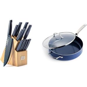 Blue Diamond 14 Piece Knife Block and 5QT Sauté Pan with Midnight Diamond Nonstick and Triple Layer Stainless Steel