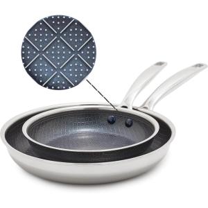 Blue Diamond Hybrid Nonstick Stainless Steel 8” & 10” Frying Pan Skillet Set, PFAS-Free Ceramic Diamond Bond Searing, Egg & Omelet Pan, Dishwasher Safe, Stay-Cool Handle, Induction Ready, All Cooktops(8” & 10” Frying Pan Skillet Set)