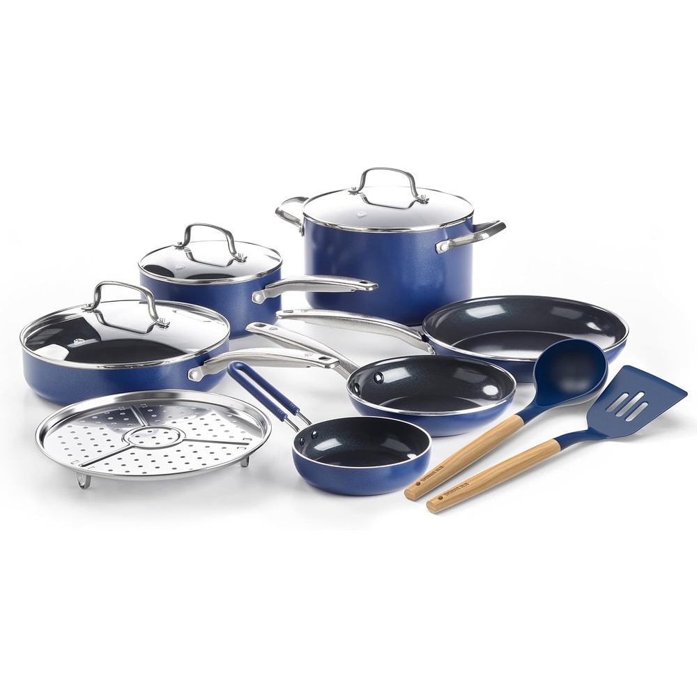 image:imageBlue Diamond 12 Piece Nonstick Cookware Set Diamond Ceramic Pots amp Pans Dishwasher amp Metal Utensil Safe Non Toxic PFASFree Kitchen Cooking Sauce amp Saute Pans Oven amp Broiler to 600F Blue